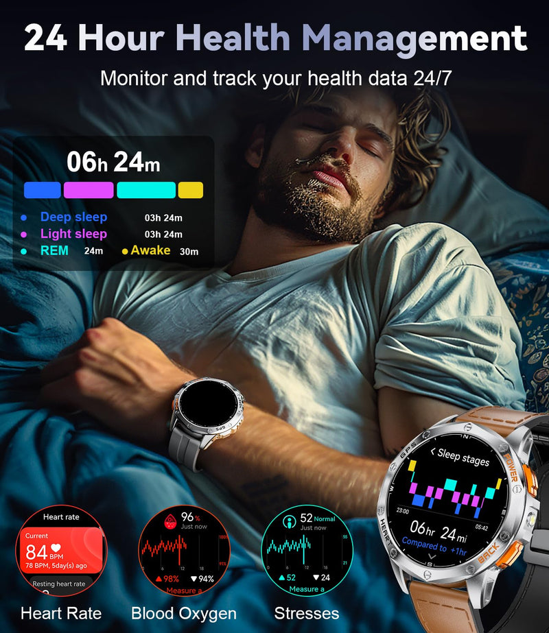 LIGE DM1 GPS Military Smart Watch for Men, 100+ Sports Modes Fitness Tracker, LED Flashlight/Compass/45 Days Battery/IP68 Waterproof 1.43'' AMOLED Always on Display Smartwatch for Android iOS, Sliver DM1-D1-US