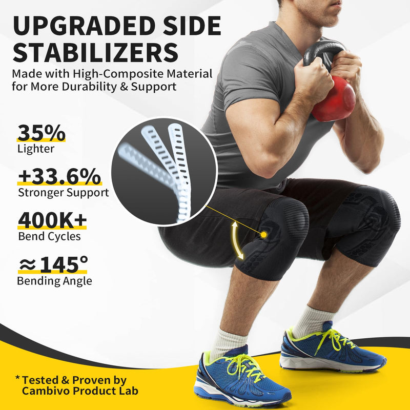 CAMBIVO 2 Pack Knee Brace for Men and Women, Knee Sleeves for Men with Patella Gel Pad and Side Stabilizers, Knee Compression Sleeves for Knee Pain Relief, Running, Workout, Daily Use Black Large