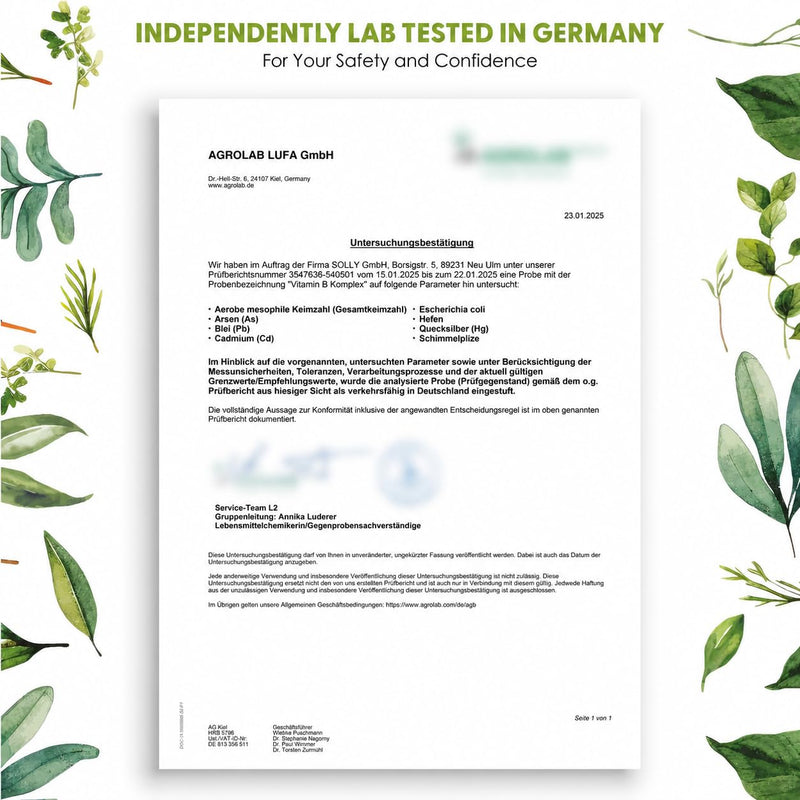 Vitamin B Complex - 500 µg B12 & 400 µg Folic Acid - 8 B Vitamins (B1, B2, B3, B5, B6, B7, B9, B12) for Energy, Nervous System & Metabolism - Vegan & Laboratory-Tested - German Brand