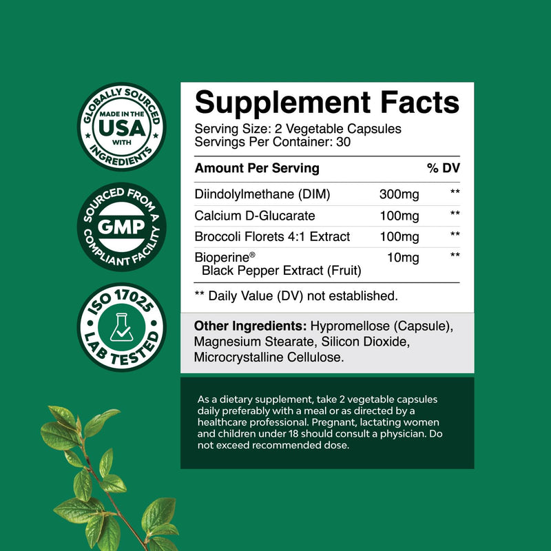 DIM Supplement for Men with Bioperine - Hormone Balance Support -60 Ct | DIM Estrogen Blocker for Men - Prostate Health Support - Diindolylmethane Testosterone Complex with Broccoli Florets 60 Count (Pack of 1)