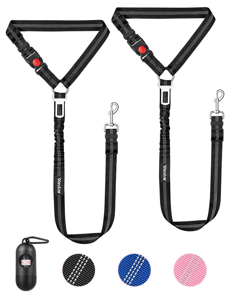 Vastar 2 Pack Dog Seat Belt for Car, 3-in-1 Dog Car Seatbelt, Adjustable Pet Seat Belt, Safety Headrest Restraint Dog Car Belt with Reflective Elastic Bungee, Poop Bag Holder Black+Black - BeesActive Australia