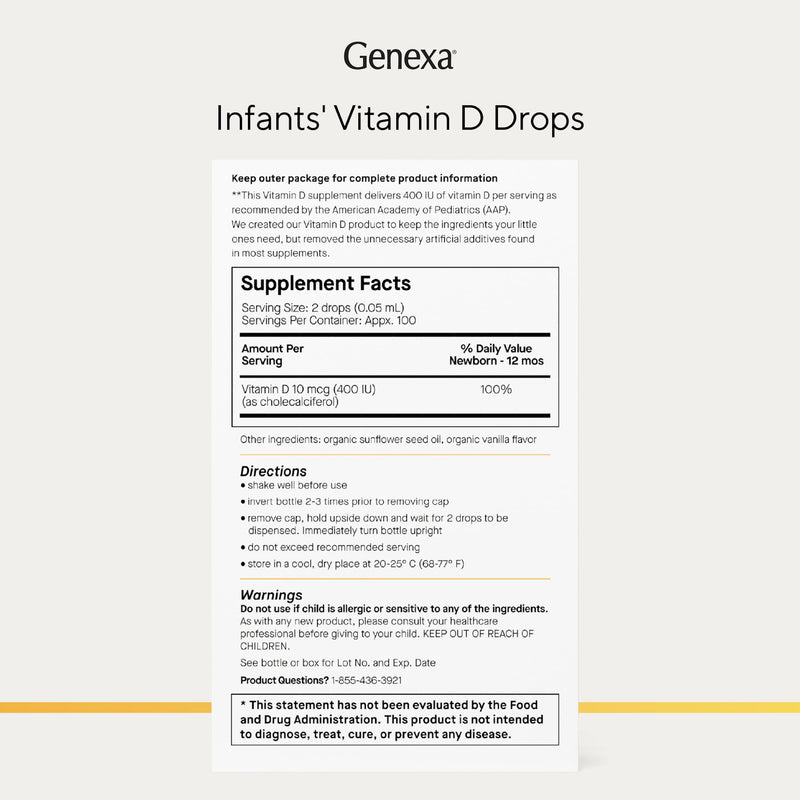 Genexa Vitamin D Drops for Infants & Newborn, Made Clean, 100 Servings | Dye Free, 0% Artificial Additives, Organic, Gluten Free, Non-GMO, Supports Growth & Bone Development in Babies & Toddlers 1 Fl Oz (Pack of 1)