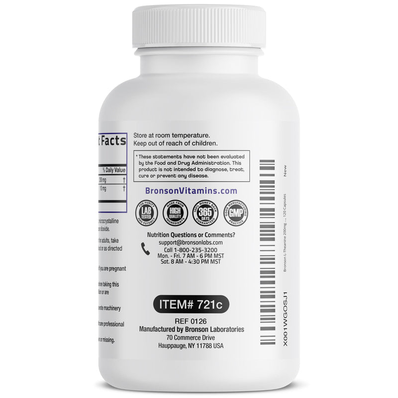 Bronson L-Theanine 200 mg with Passion Flower, Stress Support, 120 Capsules | Promotes Relaxation Without Drowsiness, Supports Healthy Mood, Non-GMO, Gluten-Free & Soy-Free 120 Count (Pack of 1)