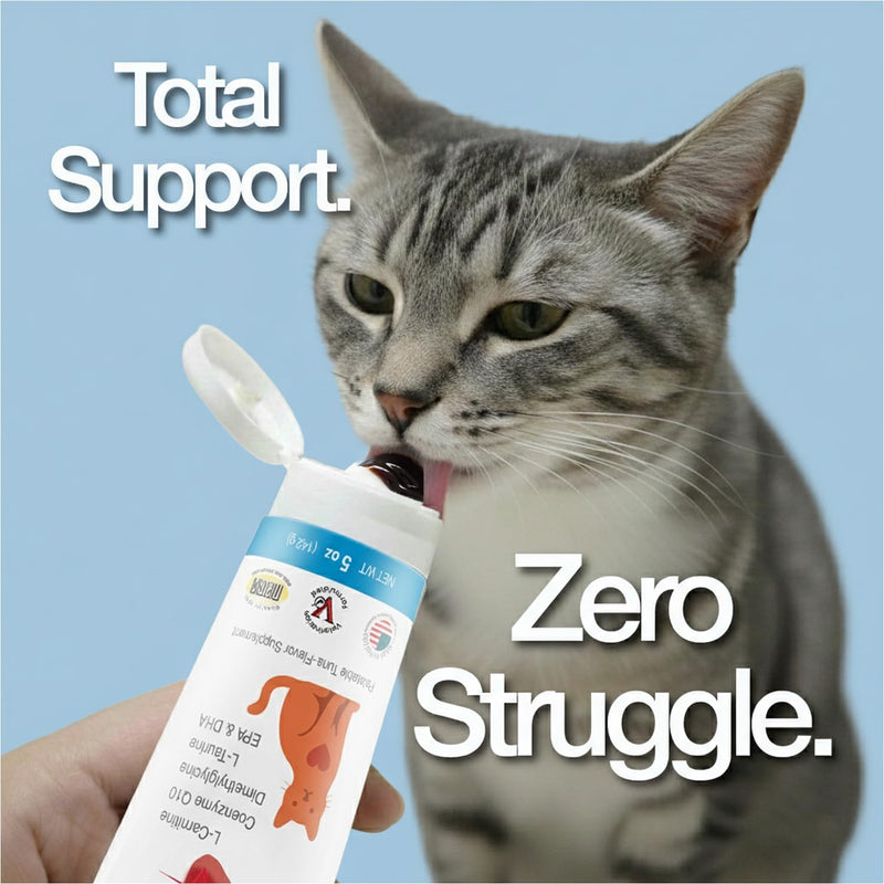Heart Support Gel for Cats – L-Taurine, L-Carnitine, CoQ10 & Omega-3 (EPA & DHA) – Cardiovascular & Heart Muscle Support – Veterinarian Formulated Cat Cardiac Supplement – Tuna Flavor – 5 oz