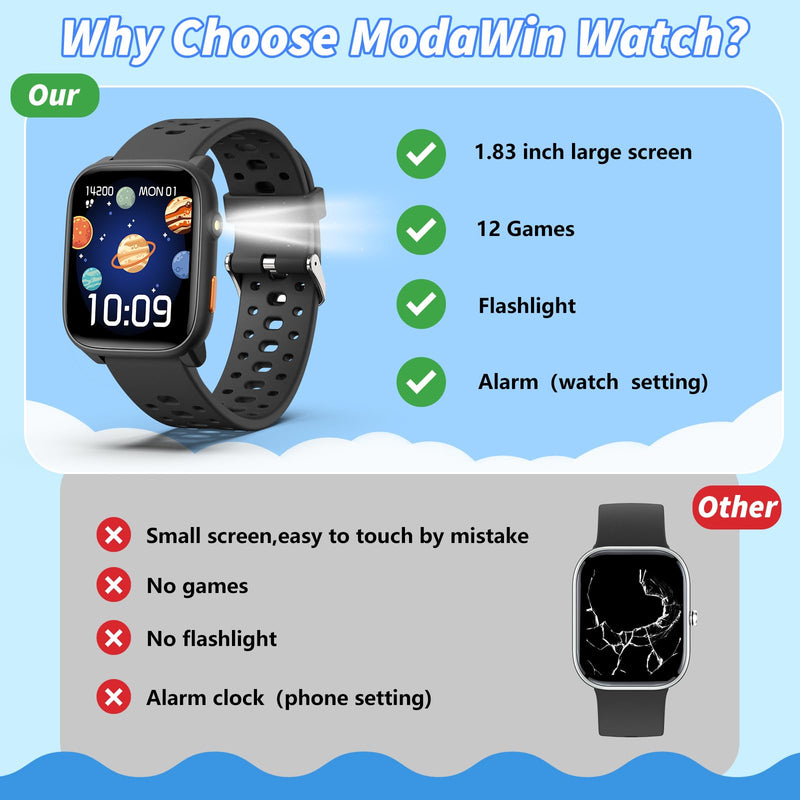 Kids Smart Watch with Puzzle Games, 1.83" Kids Watches Heart Rate, Sleep Monitor, Pedometer, Alarm Clock, Flashlight, Gift for 6-16 Year Old Boys Girls Toys (Black) Black - BeesActive Australia