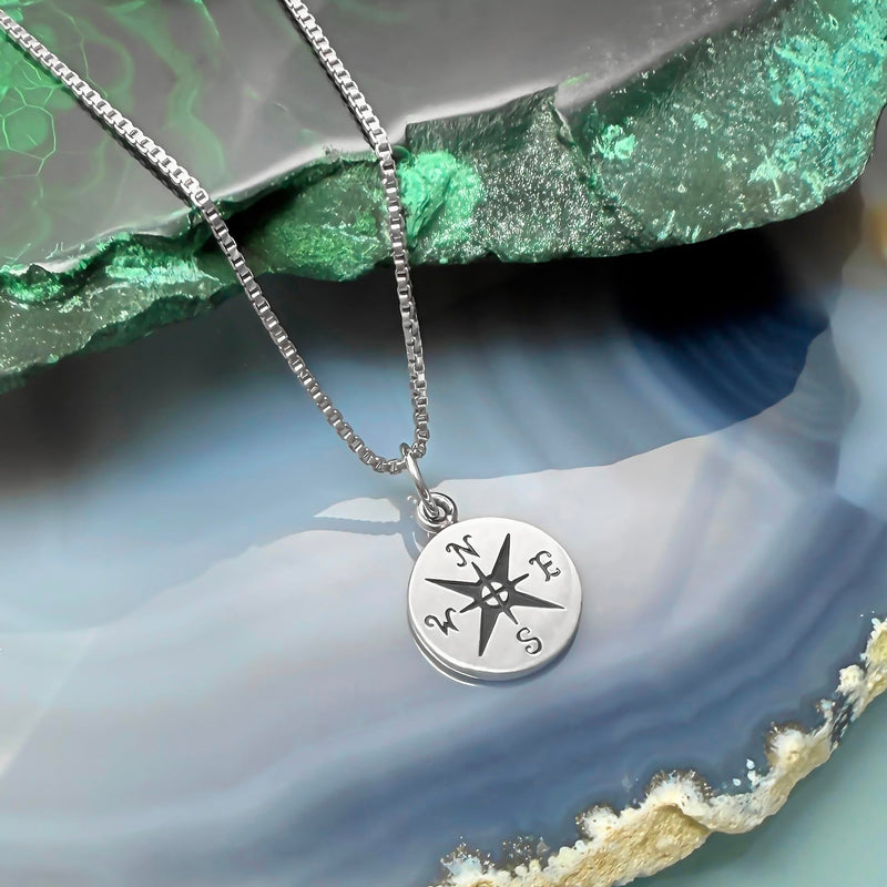 Alexandreasjewels Small Compass Necklace, Sterling Silver, 18 Inches, Graduation Gift, Enjoy the Journey - BeesActive Australia
