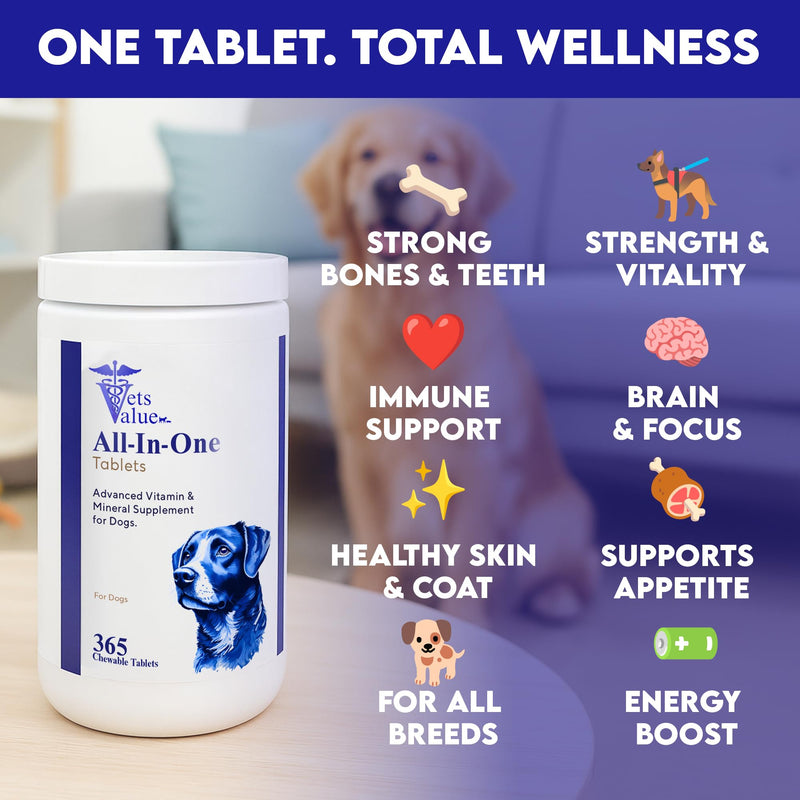 365-Day Multivitamin for Dogs, All-in-One Daily Supplement – Supports Joint Health, Immune Function, and Skin & Coat – Full Year Supply – Essential Vitamins & Minerals for Daily Wellness, All Breeds