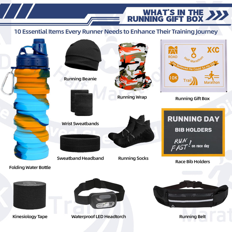 Running Gift Box - 13 Runner Essentials Kit with Running Belt Headlamp Kinesiology Tape Folding Water Cup & More, Marathon Training Night Running Outdoor, Fitness & Trail Running Gift for Men Women Black
