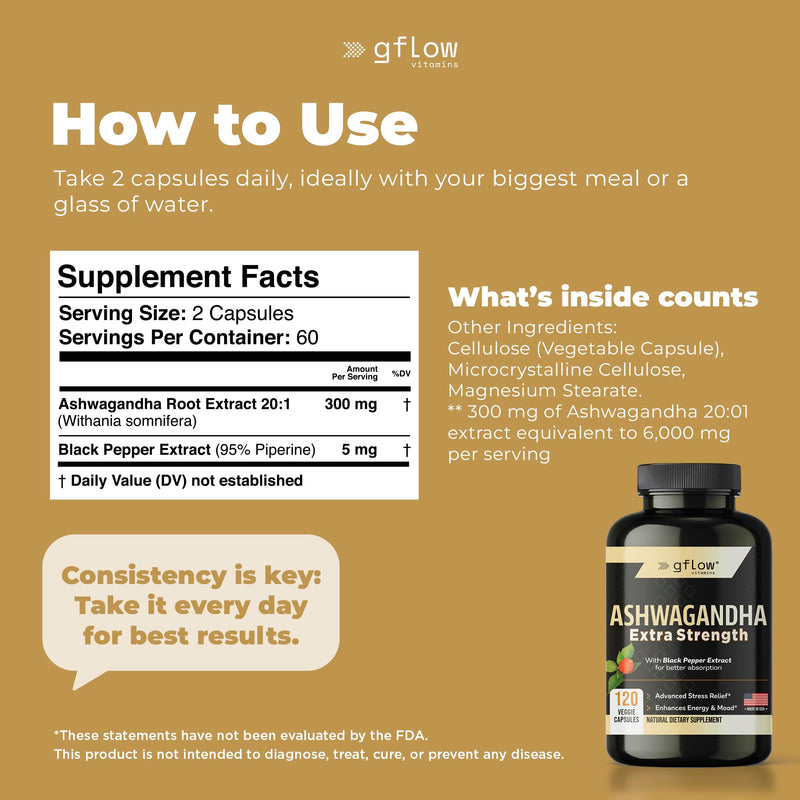 Ashwagandha Supplements for Women and Men | Sleep, Mood and Energy Support | Extra Strength, Vegan Friendly, Non-GMO, Made in USA 120 Count (Pack of 1)