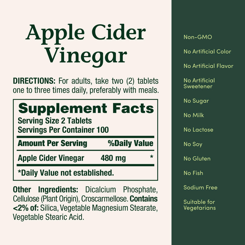 Nature's Bounty Apple Cider Vinegar 480mg, 200 Tablets 200 Count (Pack of 1)