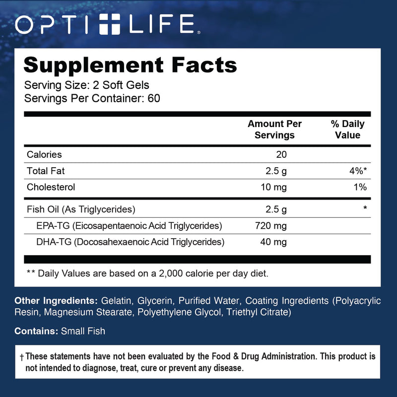 Opti + Omega 3 Fish Oil | EPA DHA, Heart Brain Joint Support* | Doctor Formulated | Daily Use Omega 3 DHA EPA | Burpless Softgels | 120 Softgels/ 60 Servings