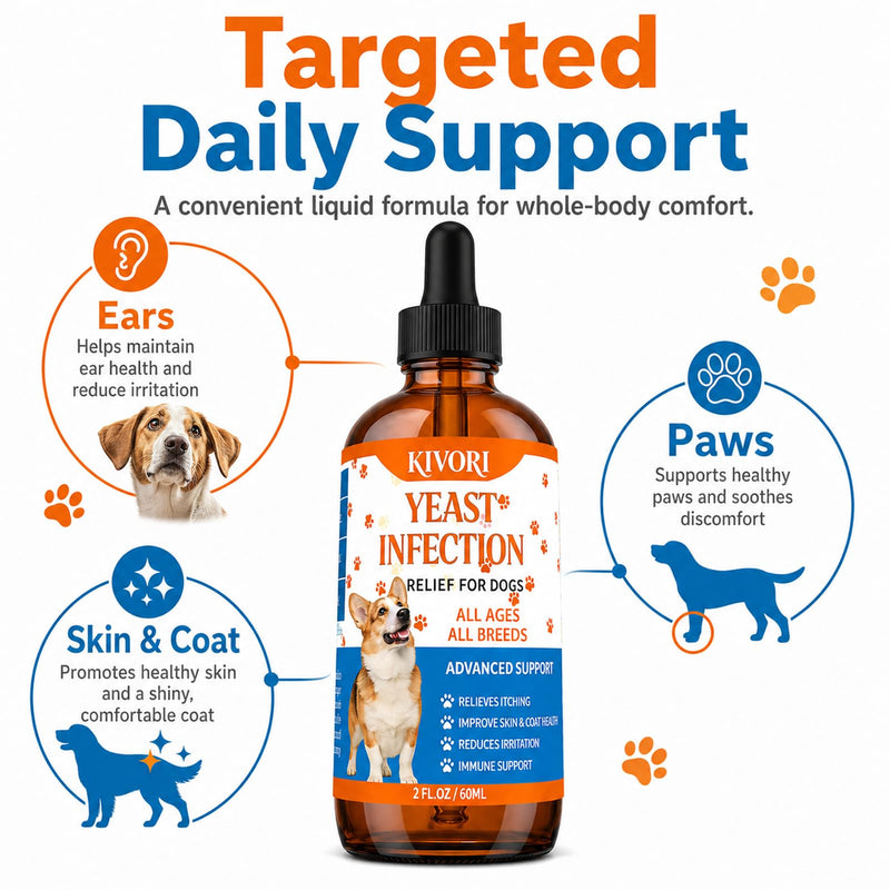 Kivori Yeast Infection Drops for Dogs, 2fl.Oz/60ml Yeast Infection Treatment for Dogs, Anti Yeast Drops, Ear and Paw Itch, Herbal Dog Supplement Drop for All Ages All Breeds. (1PCS) 1PCS
