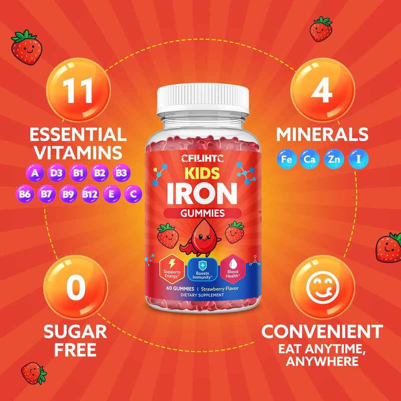 2PCS Iron Gummies for Kids & Teens, Kids Multivitamin with Iron Supplement, Calcium, Folate, Zinc, Prebiotic - for Blood Builder & Energy Support, Iron Deficiency - Vegan & Non-GMO - 120 Count Strawberry 60 Count (Pack of 2)
