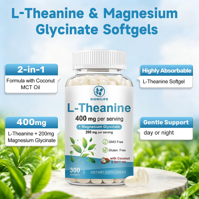 L-Theanine 400mg with Magnesium Glycinate,300 Softgels | Extra Strength with MCT Oil for Calm, Relaxation & Focus Support - Non-GMO,Gluten & Soy-Free,150-Day Supply 300 Count (Pack of 1)