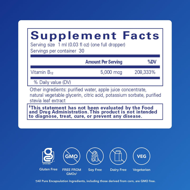 Pure Encapsulations B12 5,000 Liquid, 1 Fl Oz | Vitamin B12 Methylcobalamin Supplement to Support Energy, Nerve Health, Cognitive Function and Blood Cells*, Liquid Drops