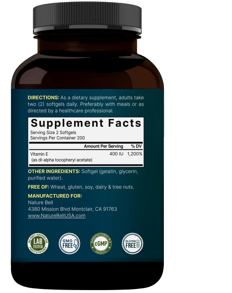 NatureBell Vitamin E Oil Softgels, 400iu Per Serving, 400 Pills | Essential Antioxidant Supplements, Easily Absorbed Form ‚Äì Supports Skin, Heart, & Immune Health ‚Äì Non-GMO - BeesActive Australia