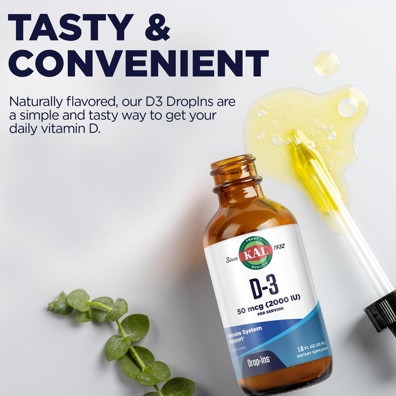 KAL Vitamin D3 2000 IU (50 mcg) DropIns - Liquid Vitamin D3 Drops - Bone Strength and Immune Support Supplement - Vegetarian, 60-Day Guarantee, Approx. 590 Servings, 1.8oz | Bone Strength and Immune Support, Vegetarian, 60-Day Guarantee, Approx. 590 Se...