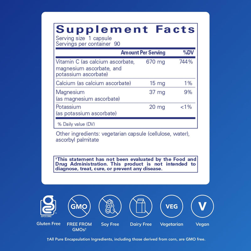 Pure Encapsulations Buffered Ascorbic Acid Capsules, 90 Capsules | Gentle Buffered Vitamin C for Sensitive Individuals*, Antioxidant and Immune Support*, Non-GMO 90 Count (Pack of 1)