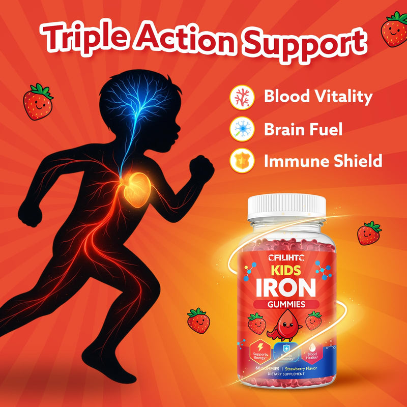 2PCS Iron Gummies for Kids & Teens, Kids Multivitamin with Iron Supplement, Calcium, Folate, Zinc, Prebiotic - for Blood Builder & Energy Support, Iron Deficiency - Vegan & Non-GMO - 120 Count Strawberry 60 Count (Pack of 2)