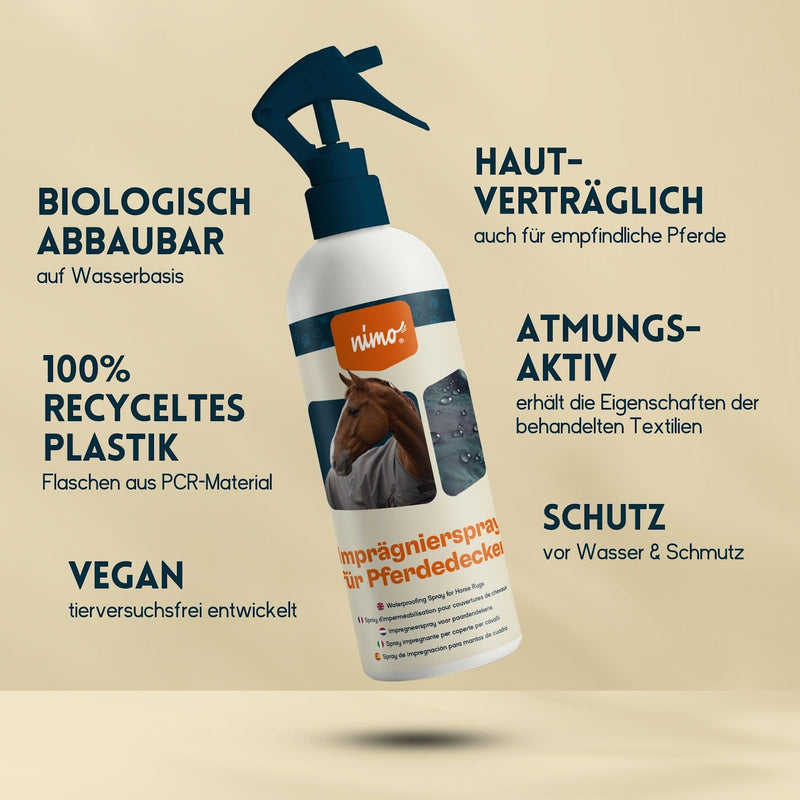 nimo® Waterproofing spray for horse blankets, spray-on impregnation, waterproofing, sealing against moisture and dirt, breathable, rain protection for horse blankets 500 ml bottle