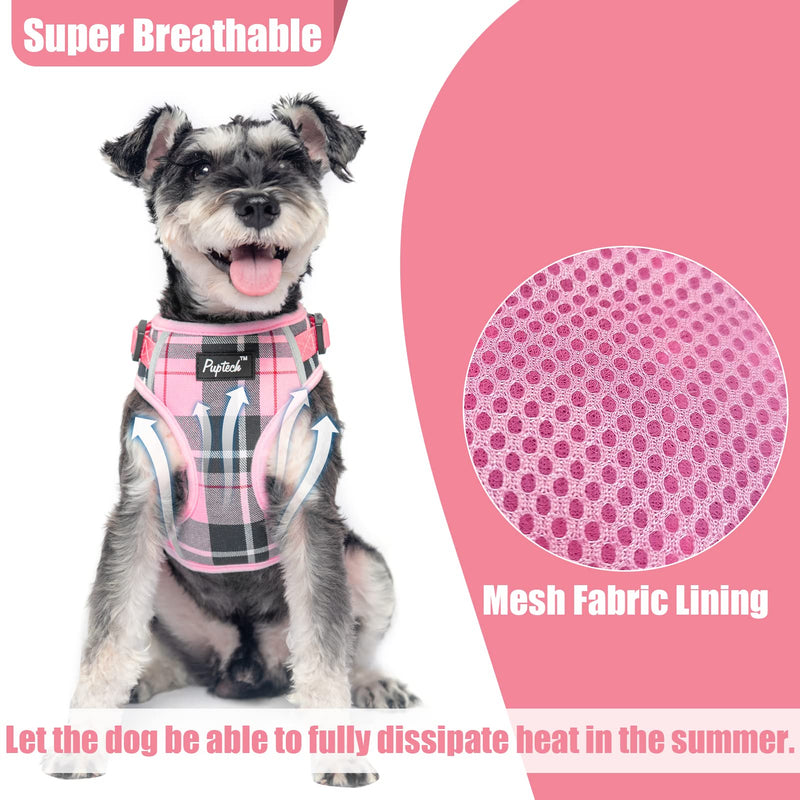 PUPTECK Dog Harness and Leash Collar Set for Small Medium Dogs Puppy and Cats Walking No Pull Adjustable Reflective Soft Mesh Padded Plaid Harnesses Pet Accessories, Pink, M M (Chest 16"-21", Neck 14.5"-17") - BeesActive Australia