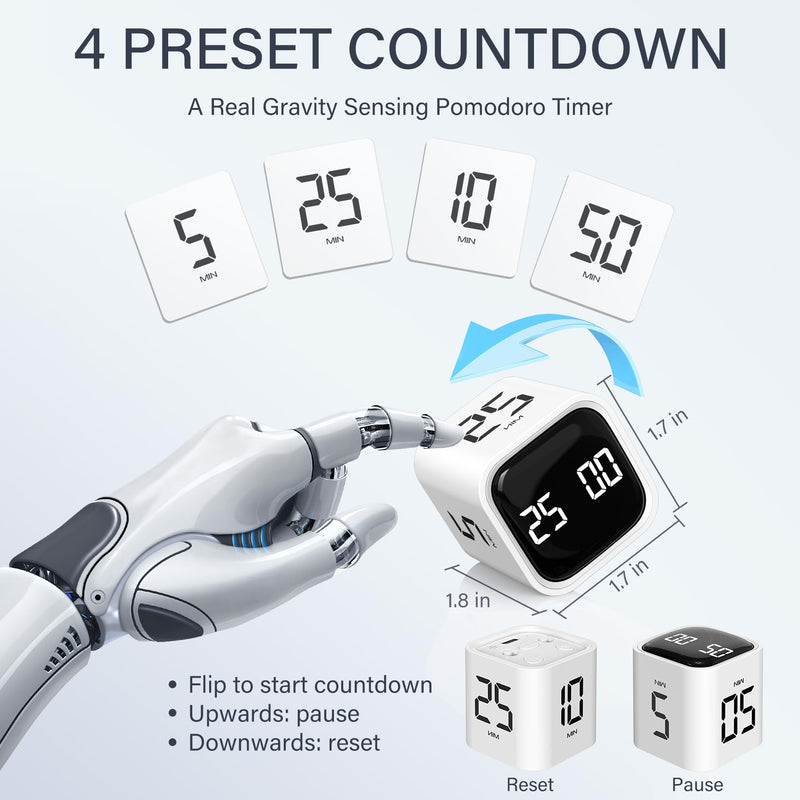 Rotating Pomodoro Timer 5, 25, 10 50 Minutes Preset, Desk Productivity Flip Timer, Cube Countdown Stopwatch for ADHD, Vibration/High/Low Volume, for Work, Study, Back to School, Kitchen, 2 White 2 Pack White