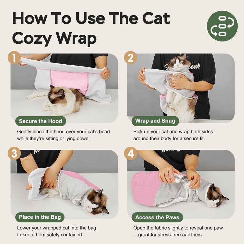 Cat Wrap for Cutting Nails, Self-Adhesive Cat Nail Clipping Restraint Bag, Anti-Scratch Cat Grooming Wrap Swaddle for Meds, SubQ Fluids, Ear Cleaning, Teeth Brushing & Vet Visits,Pink,L L(15-28lbs) Pink
