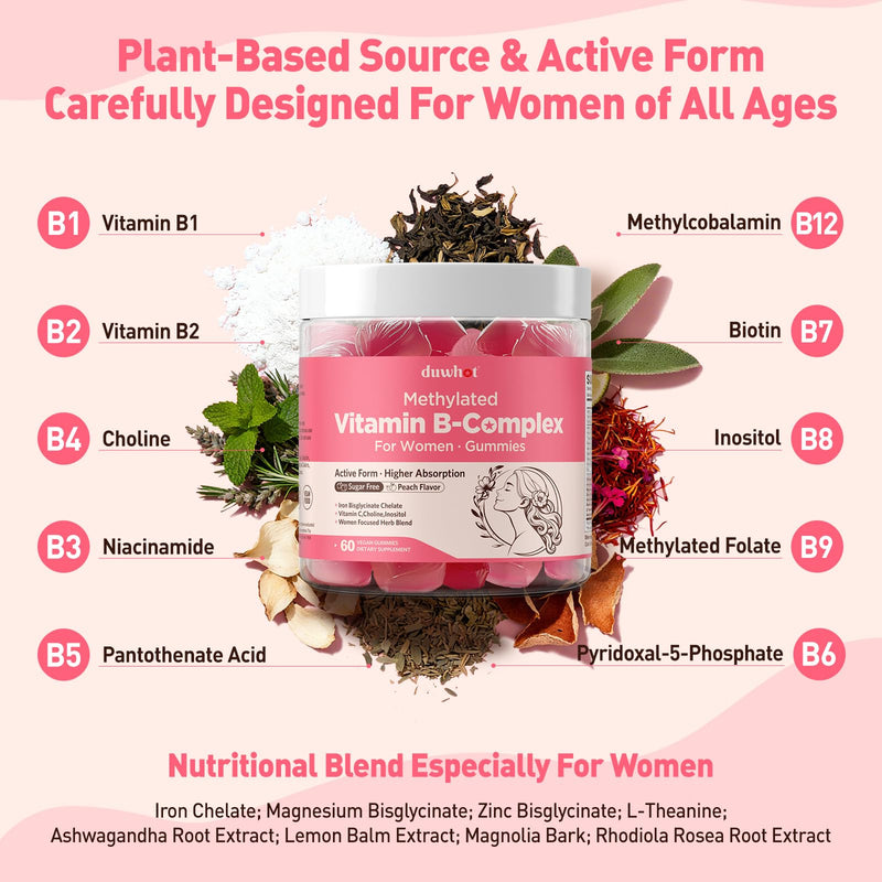 duwhot Methylated B Complex Gummies for Women & Teen Girls, with Iron 18mg | l Methylfolate and B12, Plus Organic Herbs for Stress Relief, Energy Support,Vegan,Non-GMO,Peach Flavor,60 Chewables