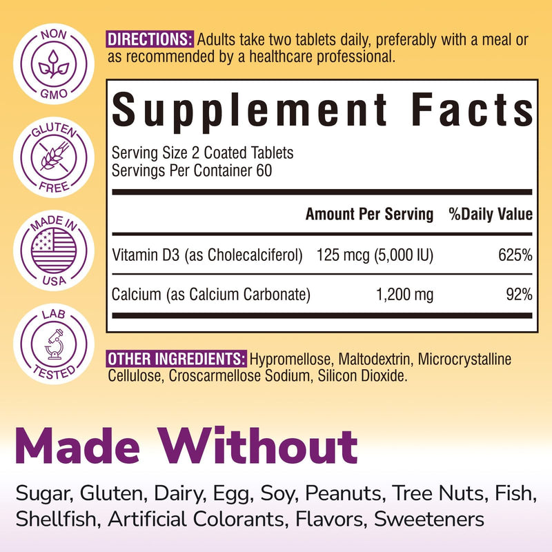 Vitalibre Calcium Supplements for Women, 120 Coated Tablets | Calcium 1200 mg with Vitamin D3 5000IU, Bone Strength Density, Enhanced Absorption Stomach - Friendly Gentle 120 Count (Pack of 1)