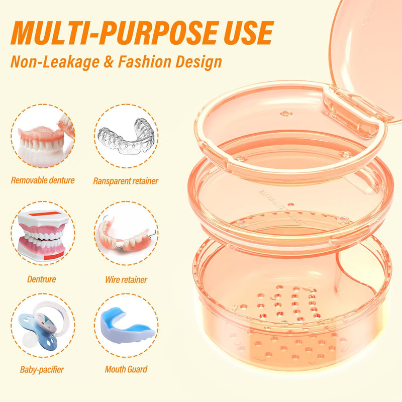 Denture Case, 2PCS Retainer Case with Strainer Basket, 2 in 1 Denture Bath Case No-Leak Retainer Cleaner Case, Retainer Holder for Travel, Mouth Guard Case for Dentures, Clear Braces, Night Guard Blue-Orange - BeesActive Australia