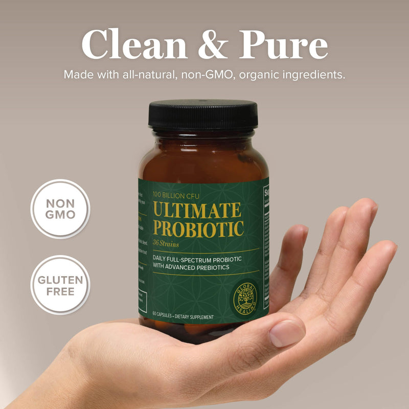 Ultimate Probiotic 100 Billion CFU with Prebiotics, Gut Health (60 Count) | Global Healing Probiotic Blend Supplement Digestive Gut Health Men & Women