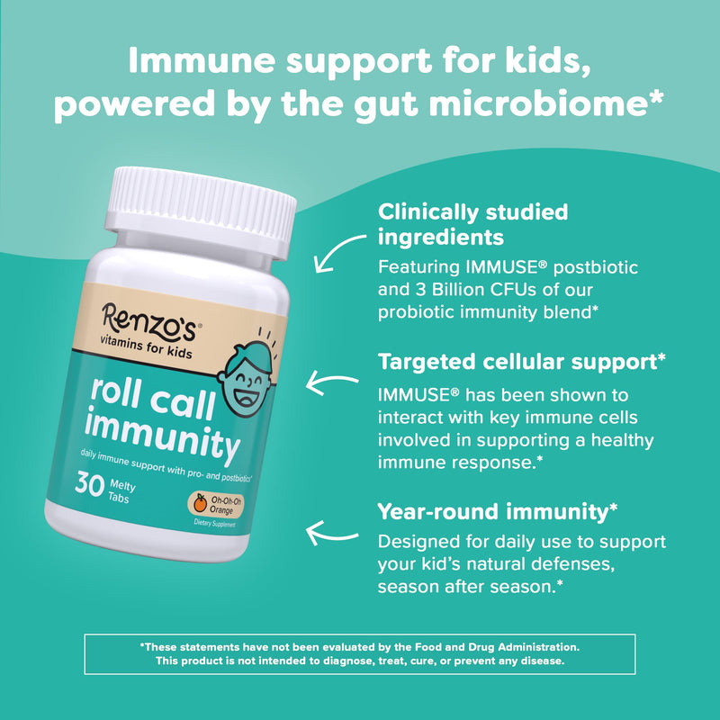 Renzo's Roll Call Immunity Kids Immune Support, Dissolvable Tabs, 30-Count | Clinically-Studied IMMUSE Postbiotic & Probiotic Immunity Blend, Classroom Support, Sugar-Free, Orange Flavor, 1-Month Supply