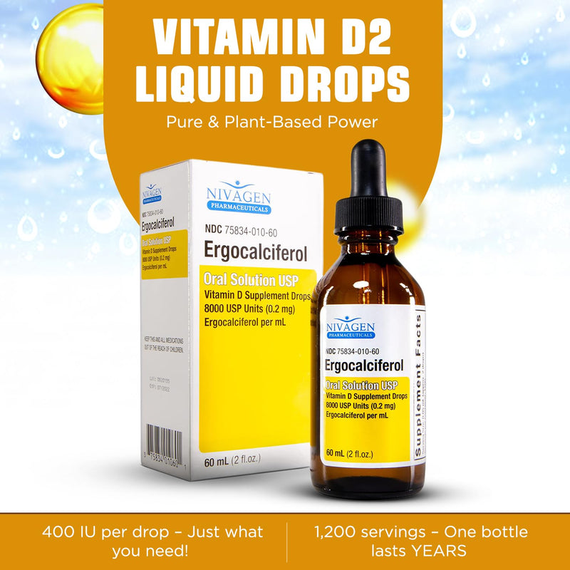 Nivagen Vitamin D2 Liquid Drops 8,000 USP (Ergocalciferol) | 400 IU per Serving | 2 Drops Once Daily | 1,200 Servings, 60ml (2 fl. oz) | Faster Absorption | Bone, Muscle & Immune Support | Made in USA