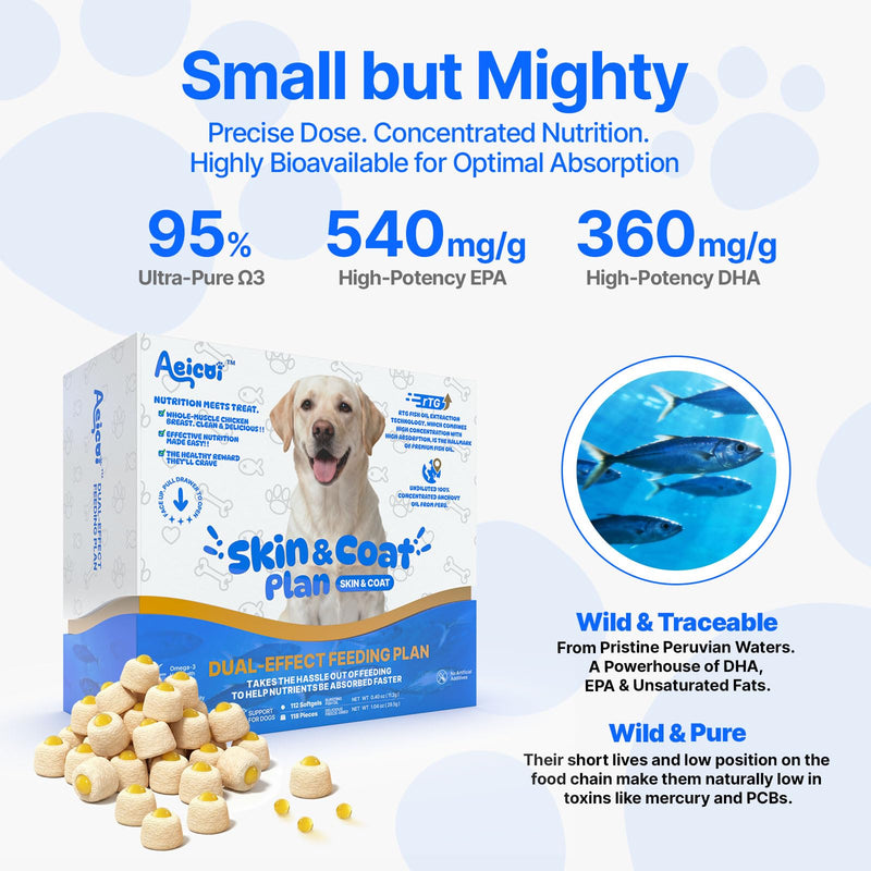 Fish Oil for Dogs, Omega 3 Supplement with Hollow Freeze-Dried Pill Hider Treats, High EPA & DHA Skin and Coat Support for Dry Itchy Skin, Joints & Picky Eaters, Mess-Free Combo 112 Softgels + 118 Freeze-Dried Bites