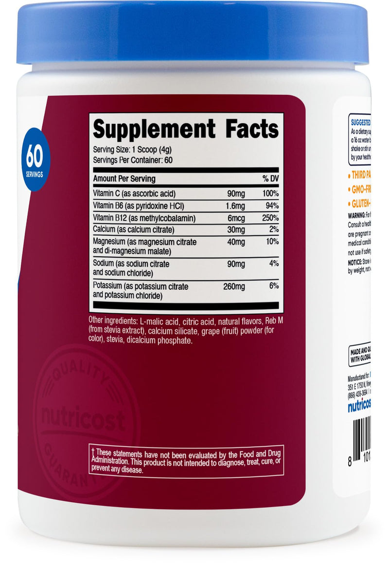 Nutricost Electrolyte Complex Powder (Grape) 60 Servings | Hydration Supplement Drink Mix with Vitamins and Minerals Grape 8.4 Ounce (Pack of 1)