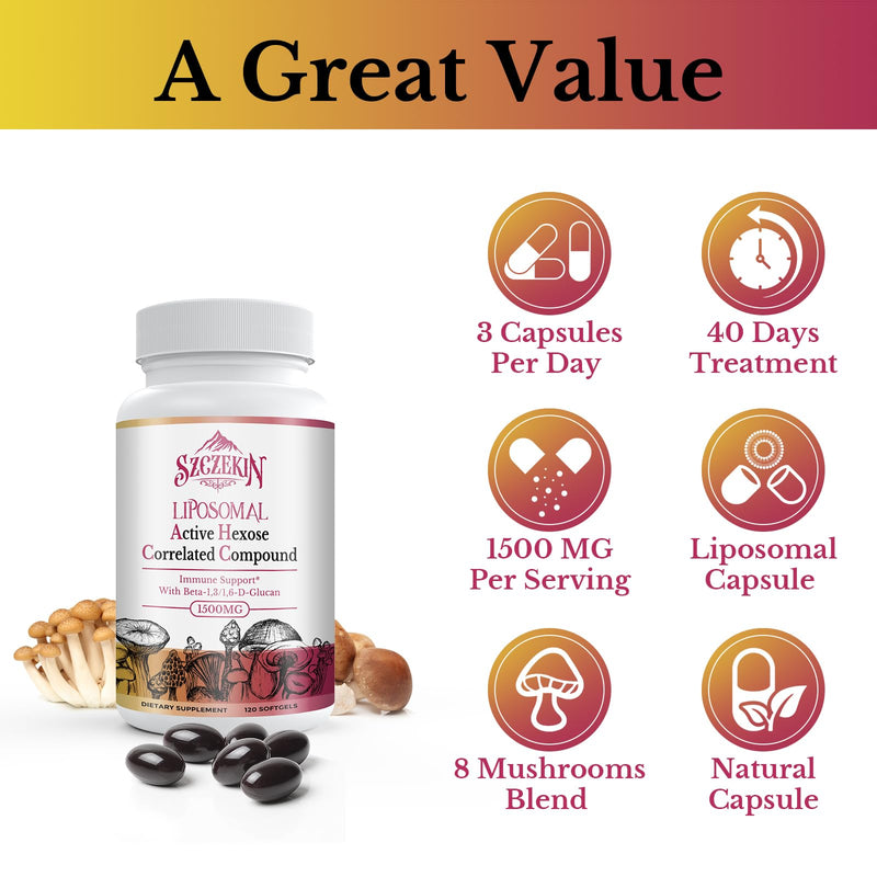 1500mg Liposomal Active Hexose Correlated Supplement,120 Soft Gels Beta-Glucans with Natural Mushroom Extract, Immune System, Liver Function, Maintain T-Cell & Killer Cell Activity 120 Count (Pack of 1)