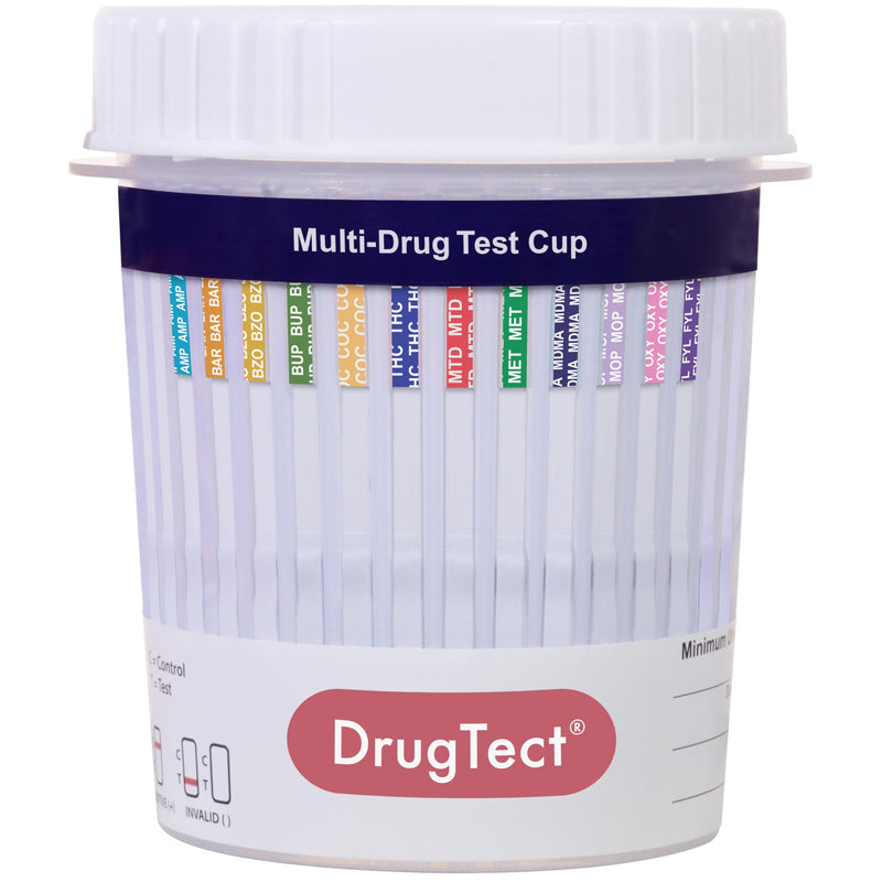 DrugTect Multi-Drug Test Cup | 5 Pack | 12 Panel CLIA Waived Marijuana Fentanyl Urine Drug Test Cup for AMP,BAR,BUP,BZO,COC,FYL,MDMA,MET,MOP|OPI,MTD,OXY,THC (5)