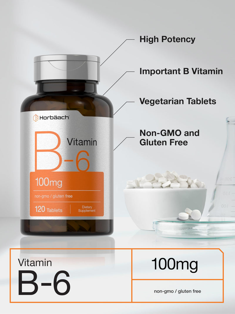 Horbaach Vitamin B6 100mg | 120 Tablets | Pyridoxine HCl | Vegetarian, Non-GMO & Gluten Free Supplement