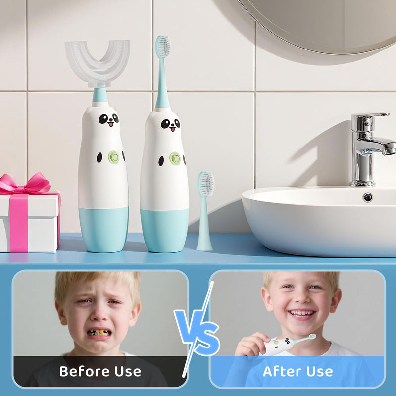 Kids U-Shaped Electric Toothbrush with 2 Brush Heads, Toddlers Sonic with 360 Degree Cleaning, Soft Bristles, Battery Included, IPX7 Waterproof, Cute cartoon for Girls and Boys, Ages 2-7 (Blue) 1 Count (Pack of 1) Age 2-7 Blue