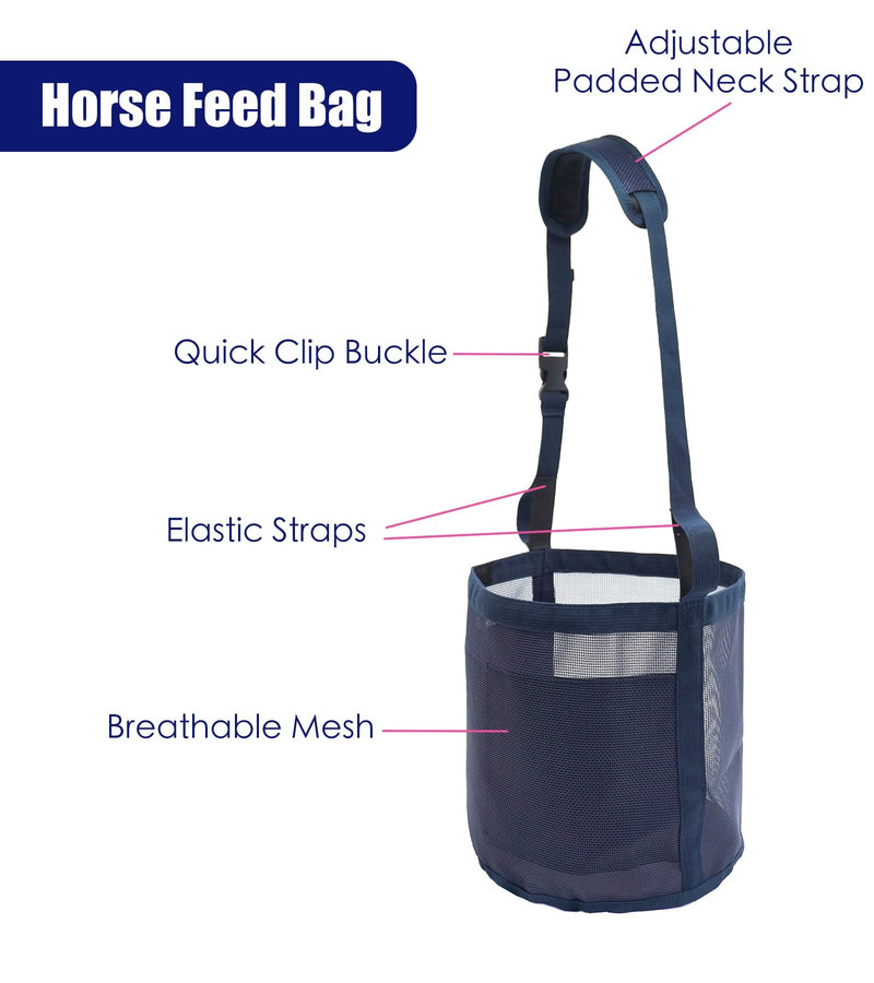 Horse Feed Bag for Grain Feeder - Heavy Duty Equine Mesh Horse Nose Bag, Blue Grazing Muzzle for Horses with Adjustable Strap,Comfort Neck Pad and Nose Pad and Waterproof Bottom(Medium,2PCSblue) 2PCSblue - BeesActive Australia