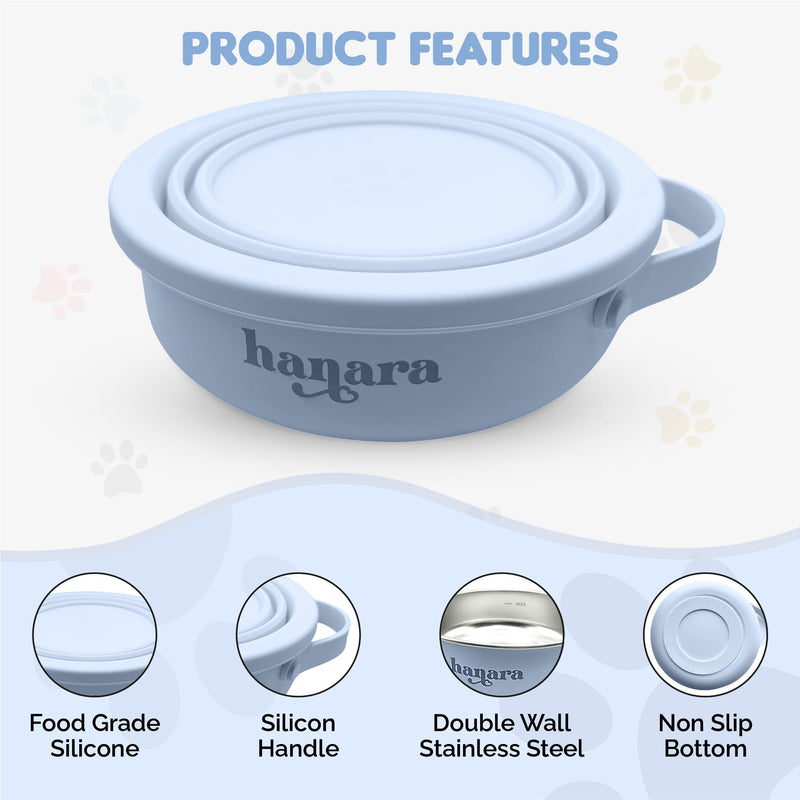 2-in-1 Insulated Stainless Steel Dog Bowl with Extra Collapsible Lid and Handle for Dog Cat Pet | Non Slip Rubber Bottom | Portable, Great for Indoor, OutDoor| 30 OZ (plus 20 oz) (Blue) Blue - BeesActive Australia