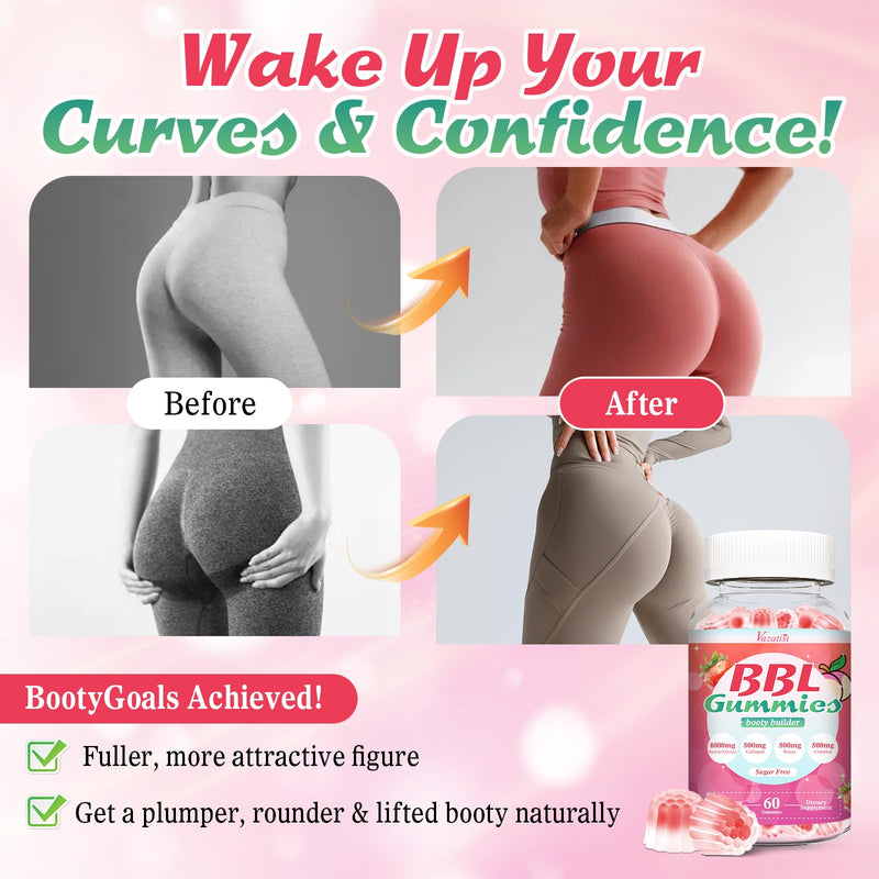 BBL Booty Gummies for Women – Sculpt, Lift & Firm Glutes – Creatine Monohydrate, Vitamins & Herbal BBL Blend - Boost Curves, Energy & Workout Recovery – Vegan, Non-GMO, 60 Cts 60 Count (Pack of 1)