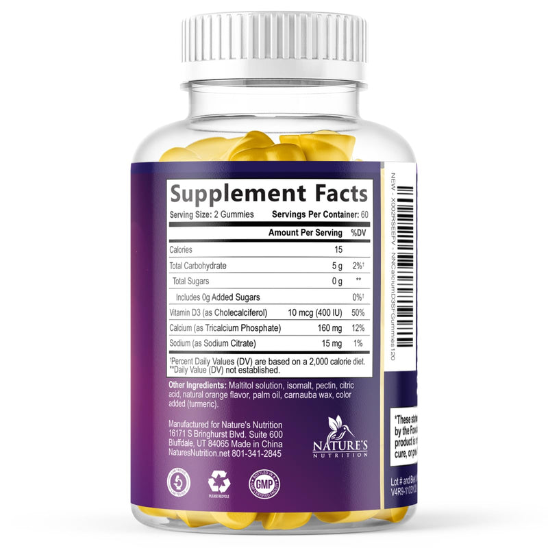 Calcium Supplement Gummies - Sugar Free Calcium Gummy with Vitamin D3 for Best Absorption - Supports Immune Health, Bones & Teeth - Nature's Calcium Chews for Women & Men, Orange Flavor - 120 Gummies 120 Count (Pack of 1)