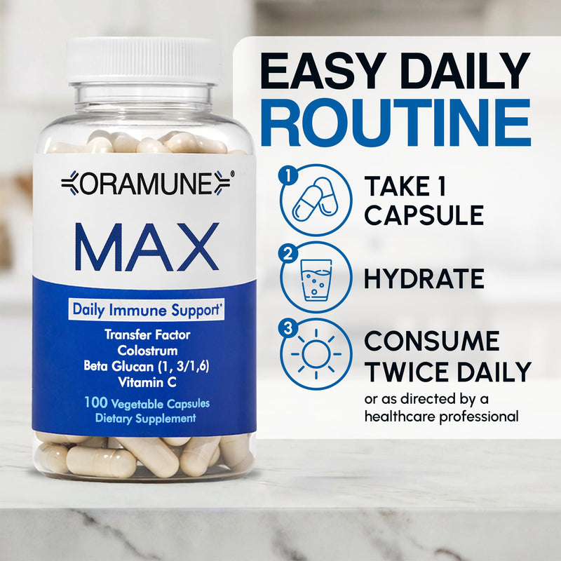 Max Support Supplement with Transfer Factor, Pure Bovine Colostrum, Beta-1, 3/1, 6-D Glucan & Vitamin C for Daily Immune System Function, Enhances Overall Health & Wellness - 100 Capsules Oramune Max