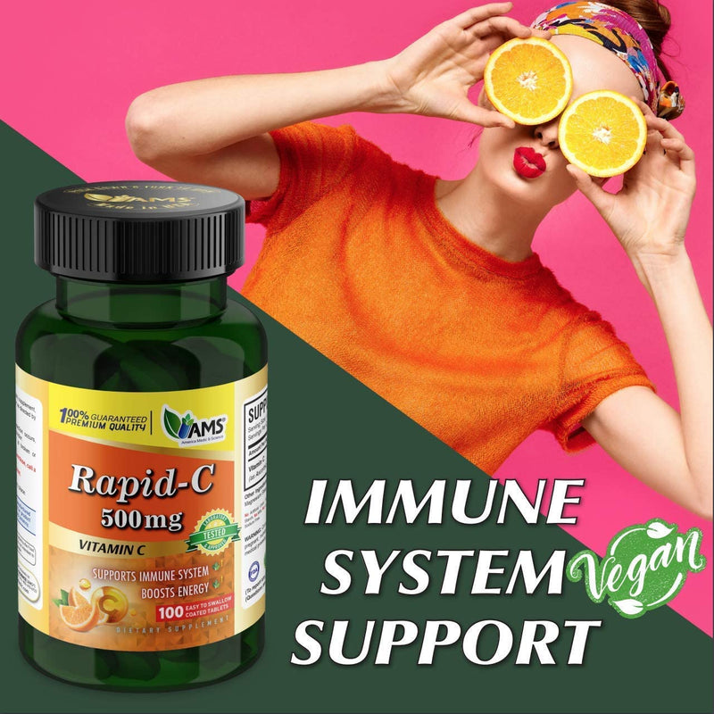 America Medic & Science Rapid-C 500mg Vitamin C Supplement (3 Pack of 100 Tablets) Energy Booster, Daily Immune System Support, Antioxidant | Vegan, Non-GMO Coated Ascorbic Acid for Adult Men & Women 100 Count (Pack of 3)