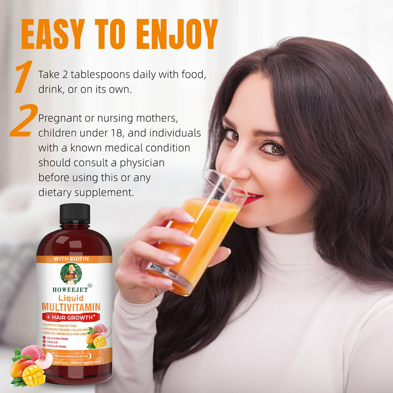 Liquid Multivitamin for Hair Growth | Biotin 10000mcg | Hair & Skin Support Supplement | Clinically Tested for Thicker Hair & Skin Elasticity | Suitable for Women & Men, Ages 18+ | 15.22 Fl Oz (1) 1