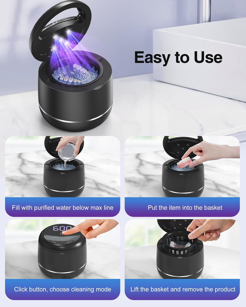 Miorcols Ultrasonic Retainer Cleaner, 48kHz Denture Cleaner Machine with Dual Mode Digital Timer for Braces, Night Guard, Mouthguard, Toothbrush, Jewelry, 7.8OZ Dental Cleaning Pod Black - BeesActive Australia