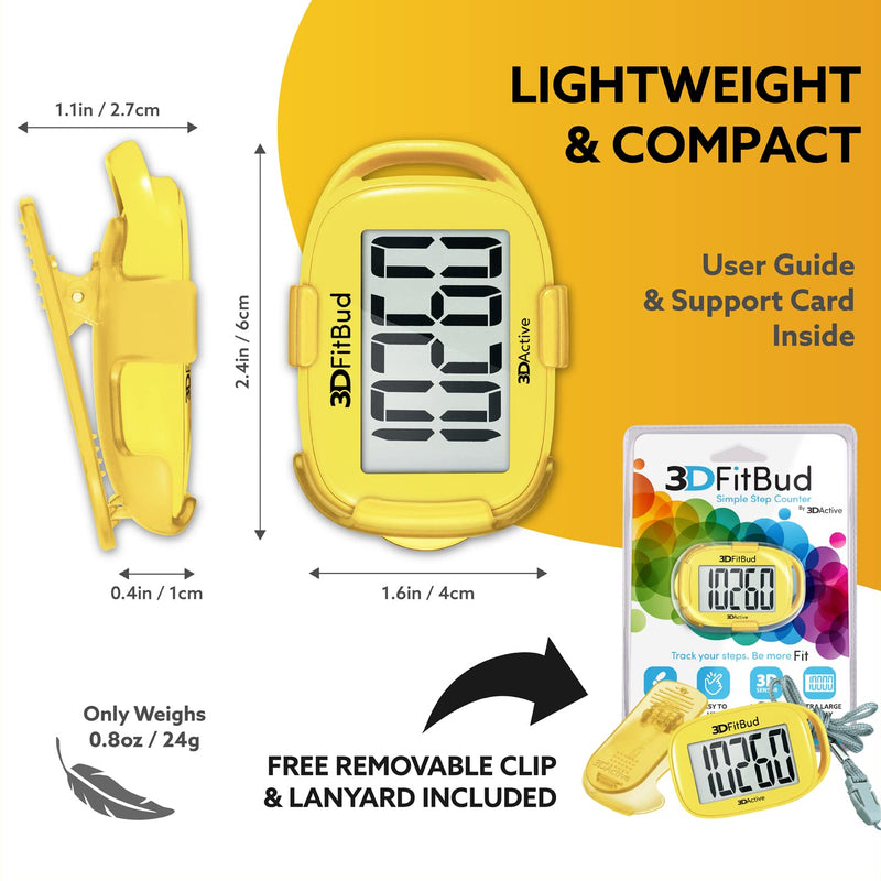 3DFitBud Simple Step Counter Walking 3D Pedometer by 3DActive with Clip, Lanyard Accurate Step Tracker Large Display, Easy to Use for Kids Men Women Adult Seniors Daily Step Tracking - A420S Yellow