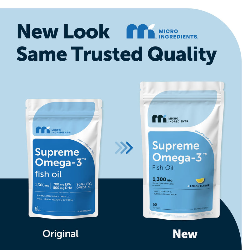 Micro Ingredients Supreme Omega-3 Fish Oil w/Ultra High EPA & DHA, Burpless Softgels | rTG Omega-3 with Vitamin D3 | Wild-Caught Cold Deep-Sea Fish | Lemon Flavor, Easy to Swallow, 60ct 60 Count (Pack of 1)