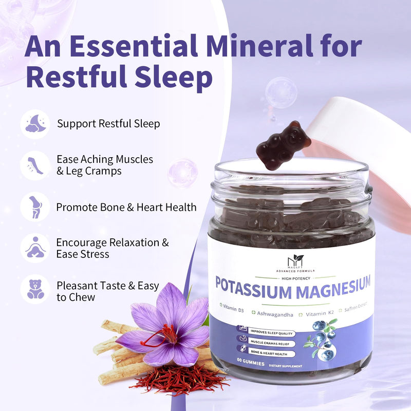 Potassium Magnesium Gummies Magnesium Glycinate 500mg for Sleep 2 Pack | Leg Cramps, With Calcium Zinc Vitamins, Sugar Free, Chewable Supplement, Support Healthy Muscle Relaxation for Daily Wellness Blueberry 60 Count (Pack of 2)